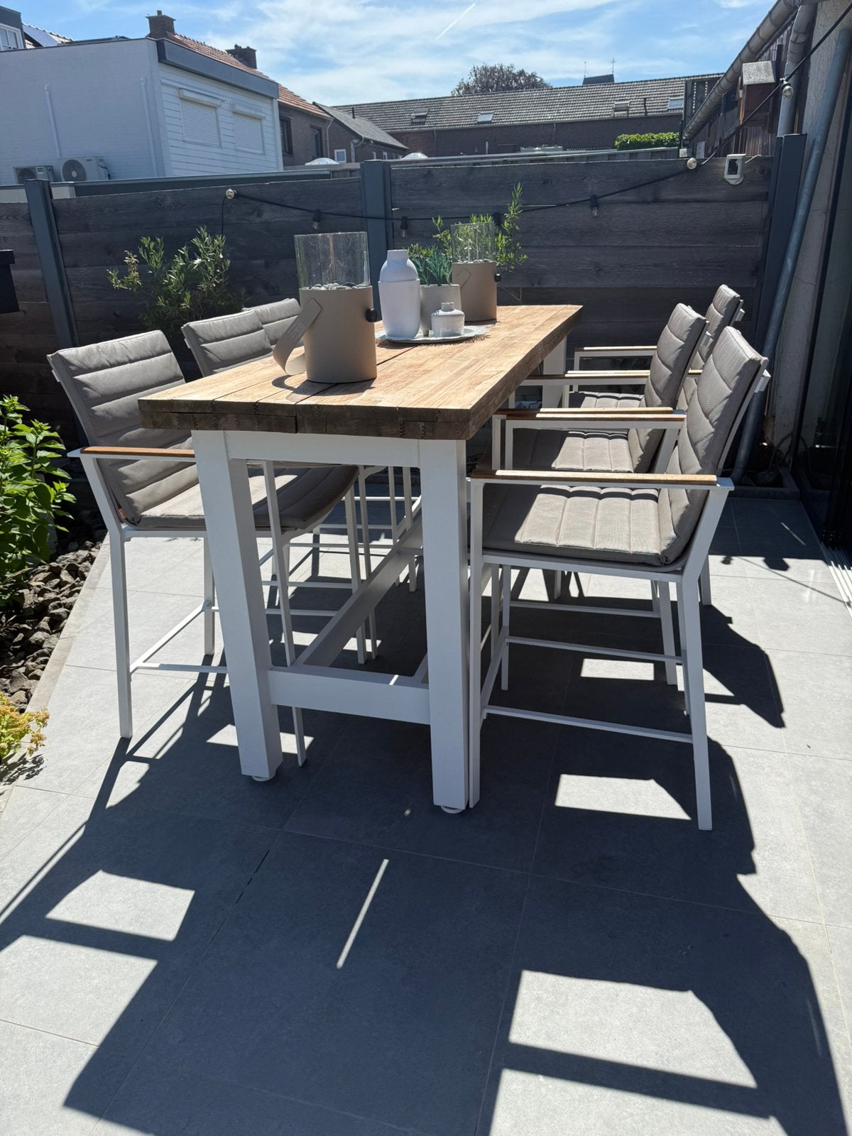 Hele mooi bartafel met 6 barstoelen kussen te koop, Tuin en Terras, Tuinsets en Loungesets, Zo goed als nieuw, Tuinset, Aluminium