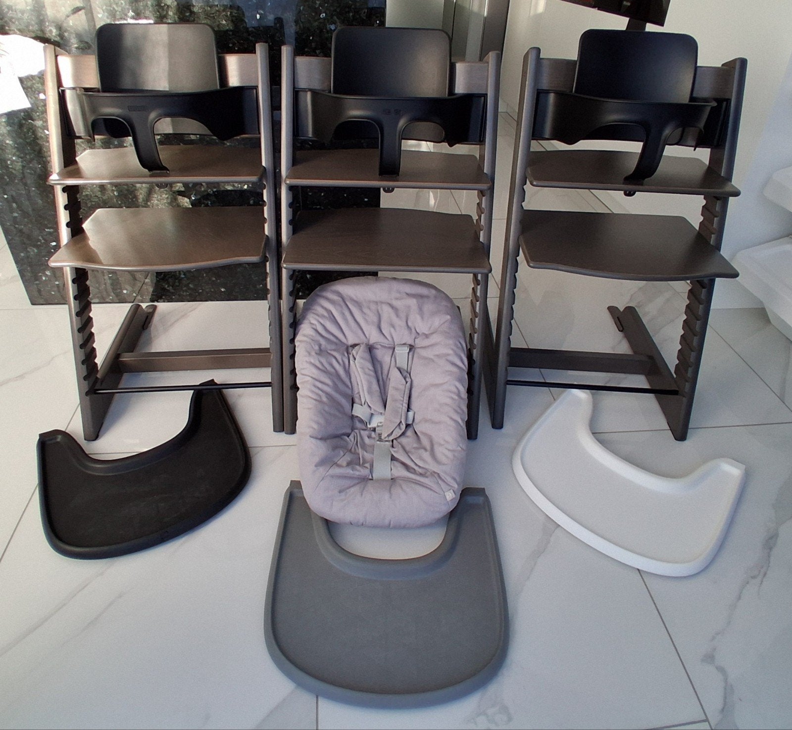 3x ZGAN Stokke Hazy Grey met Newborn 2 Standen / Babyset, Ophalen of Verzenden, Zo goed als nieuw, Meegroeistoel, Aanschuifbaar