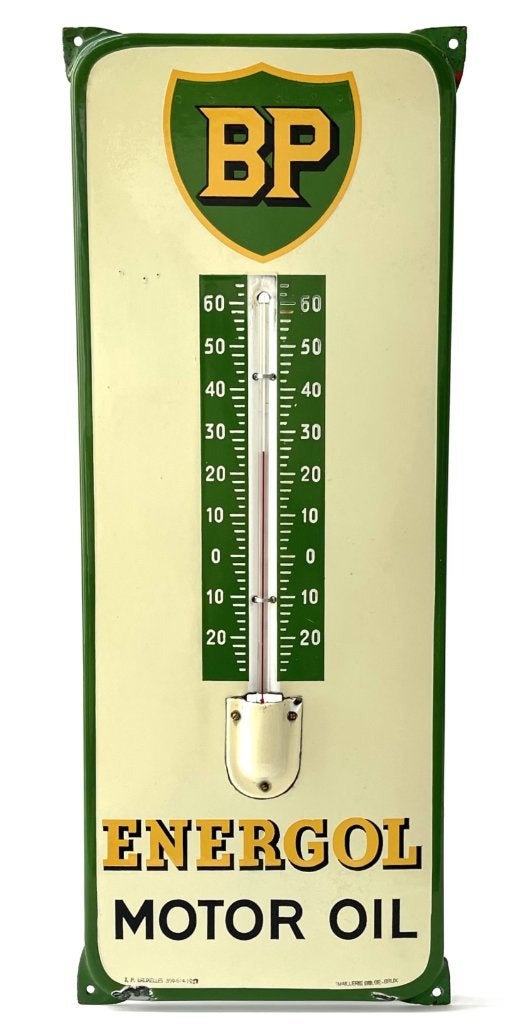 Origineel oud emaille reclame bord BP Motor Oil Thermometer, Ophalen of Verzenden, Gebruikt, Reclamebord