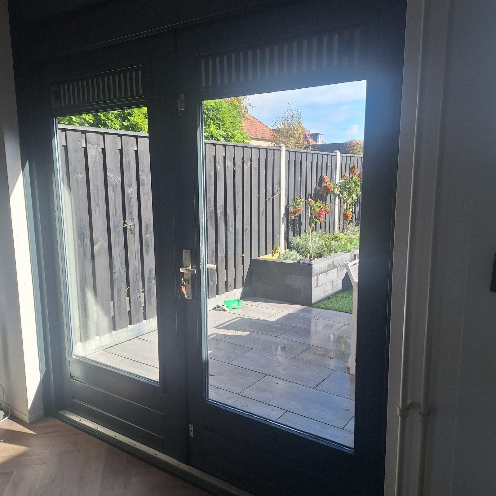 Dubbele tuindeuren met glas, 100 tot 120 cm, Gebruikt, Ophalen of Verzenden, Buitendeur