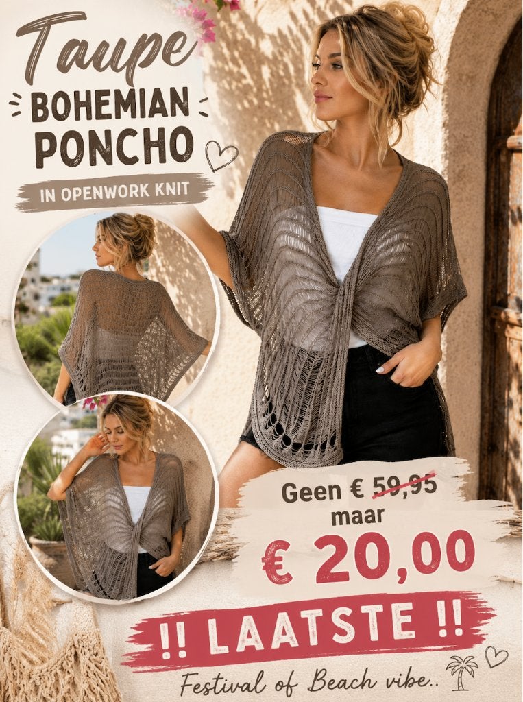 Taupe bohemian poncho in openwork knit, Maat 38/40 (M), Bruin, Nieuw, Ophalen of Verzenden
