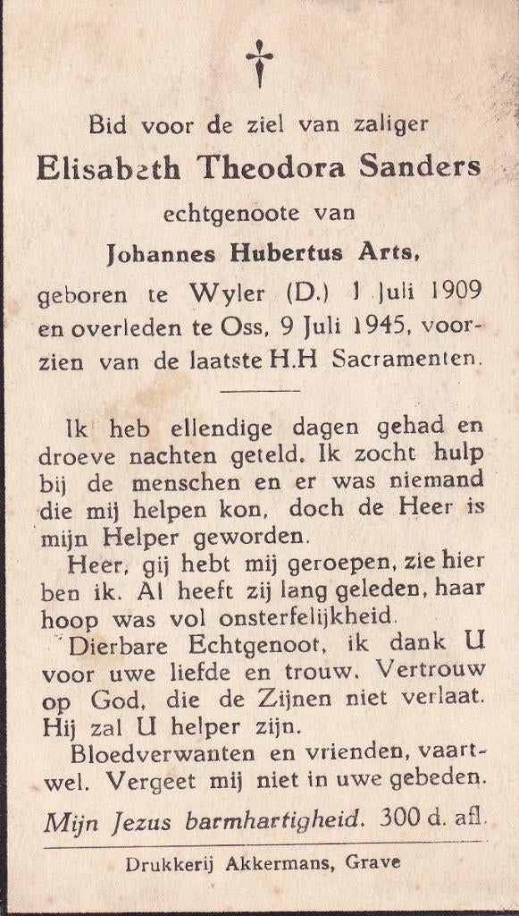 Sanders Elisabeth 1909 Wyler 1945 Oss, Verzamelen, Bidprentjes en Rouwkaarten, Ophalen of Verzenden, Bidprentje