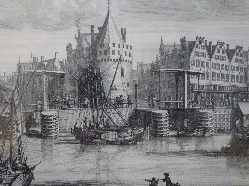 Gravure Schreierstoren Pr. Hendrikkade Amsterdam Tirion 1760, Antiek en Kunst, Verzenden, Stadsgezicht, Ingelijst, Gravure