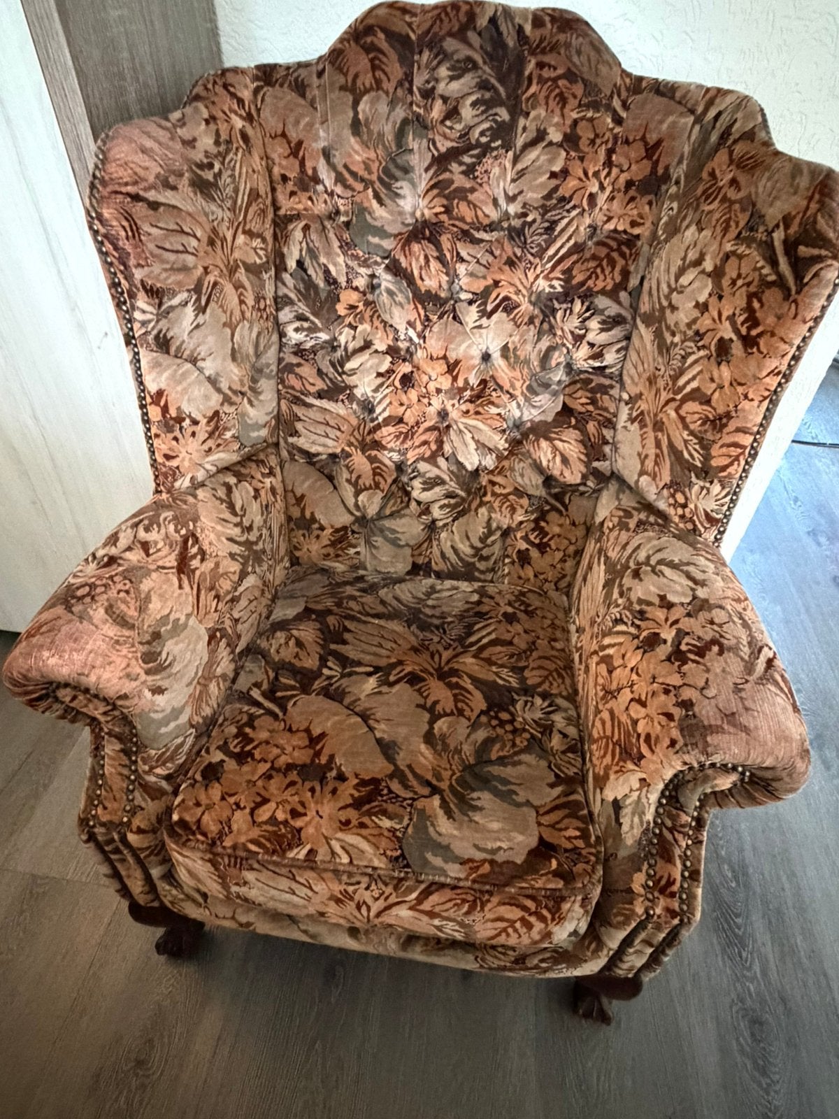 Vintage klassieke fauteuil – bloemenstof, Ophalen, Gebruikt, 75 tot 100 cm, 50 tot 75 cm