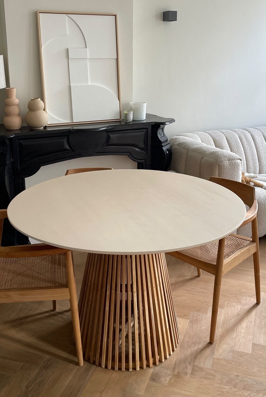 Ronde eettafel Westwing 120 cm met houten latten onderstel, Ophalen, Gebruikt, 100 tot 150 cm, Rond