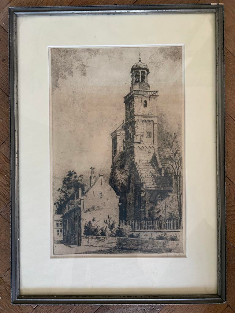 Jan Sirks - Nicolaïkerk Utrecht (Ets), Antiek en Kunst, Ets, Stadsgezicht, Ophalen of Verzenden, Gesigneerd