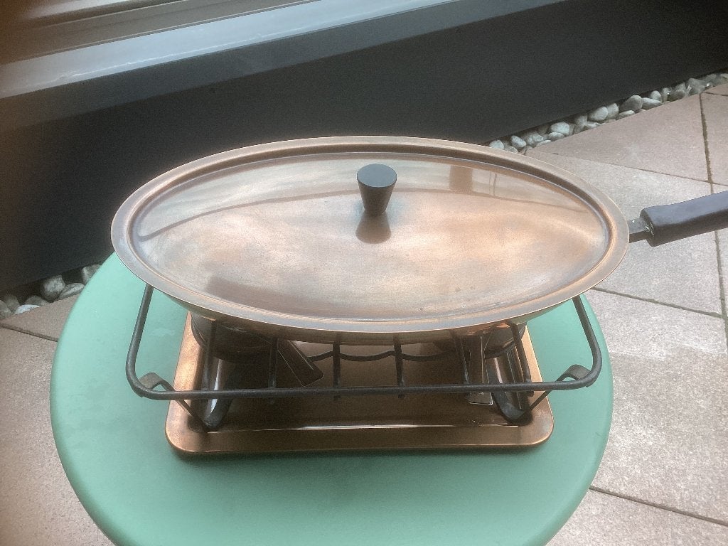 Vintage koperen vispan op rechaud, Ophalen, Koper