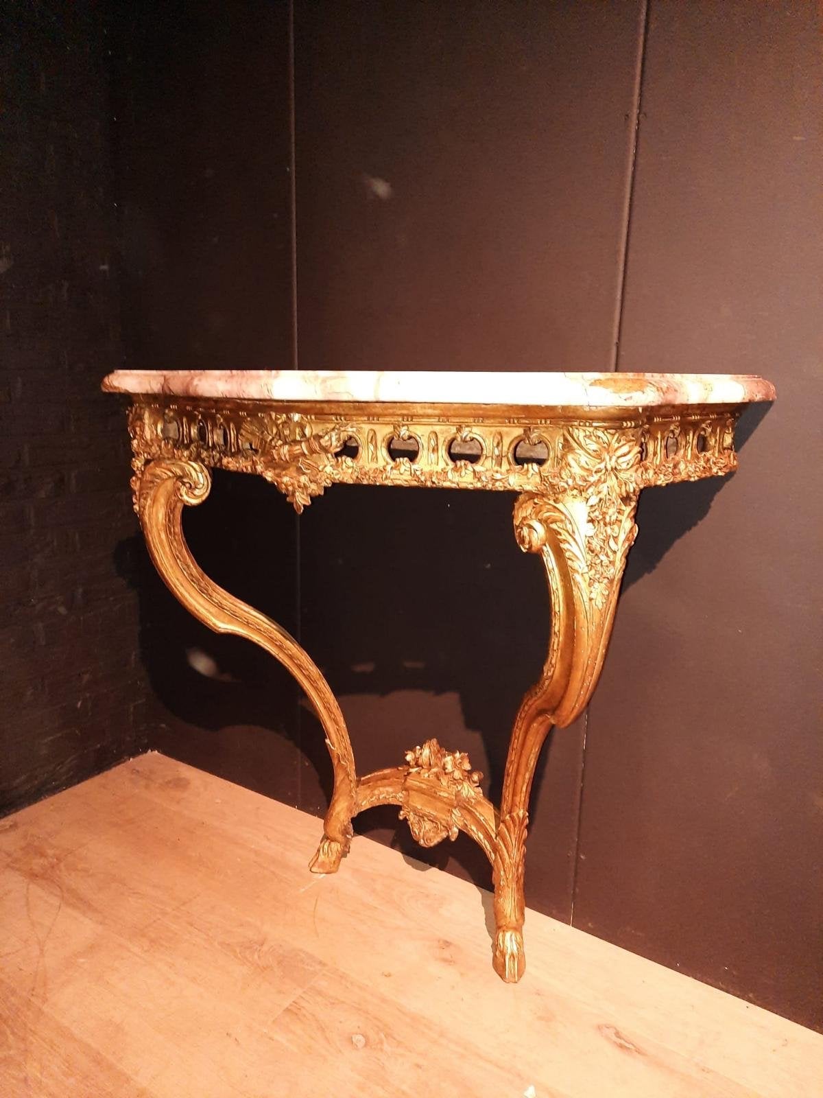 Antieke vergulde consoletafel met marmeren blad, Ophalen