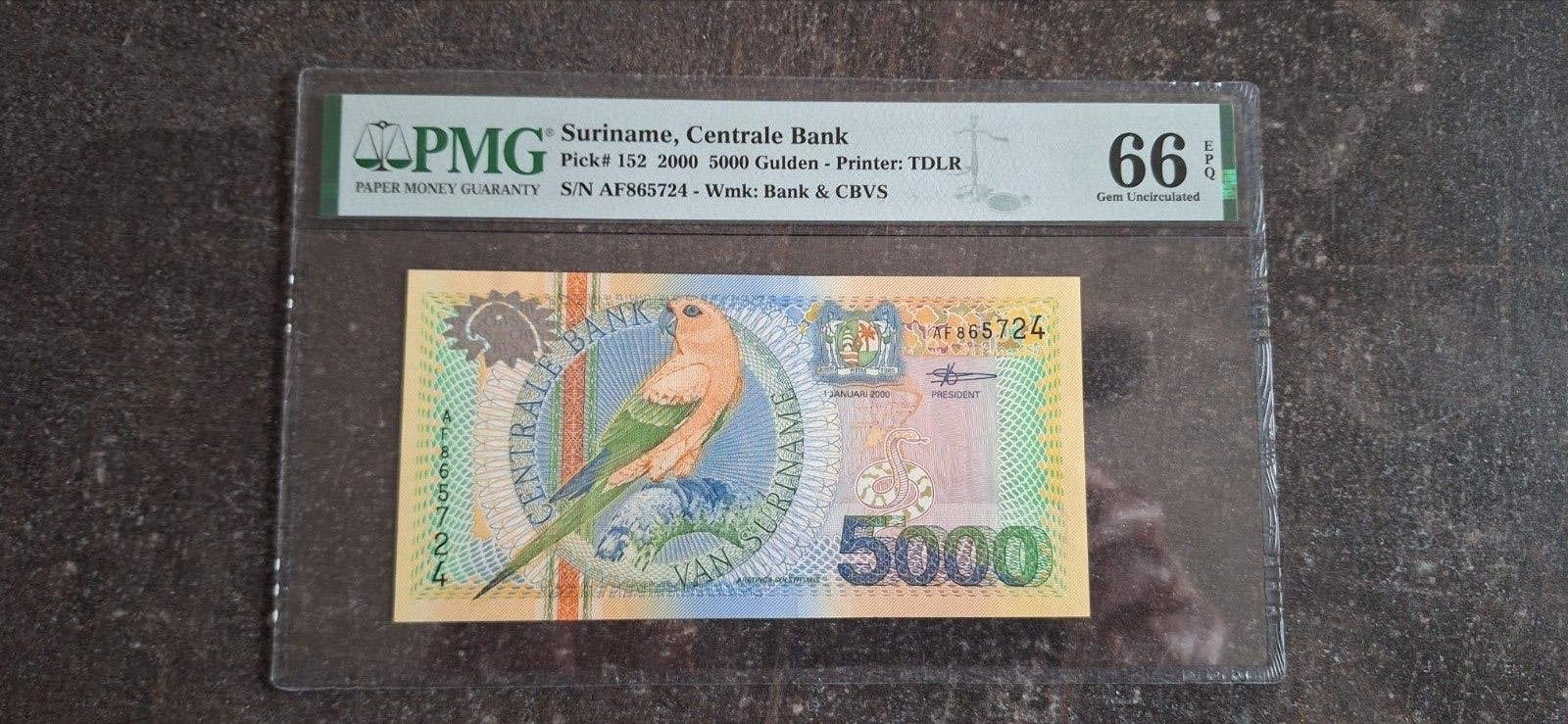 Suriname 5000 gulden 2000 UNC  PMG 66, Ophalen of Verzenden, 10 gulden