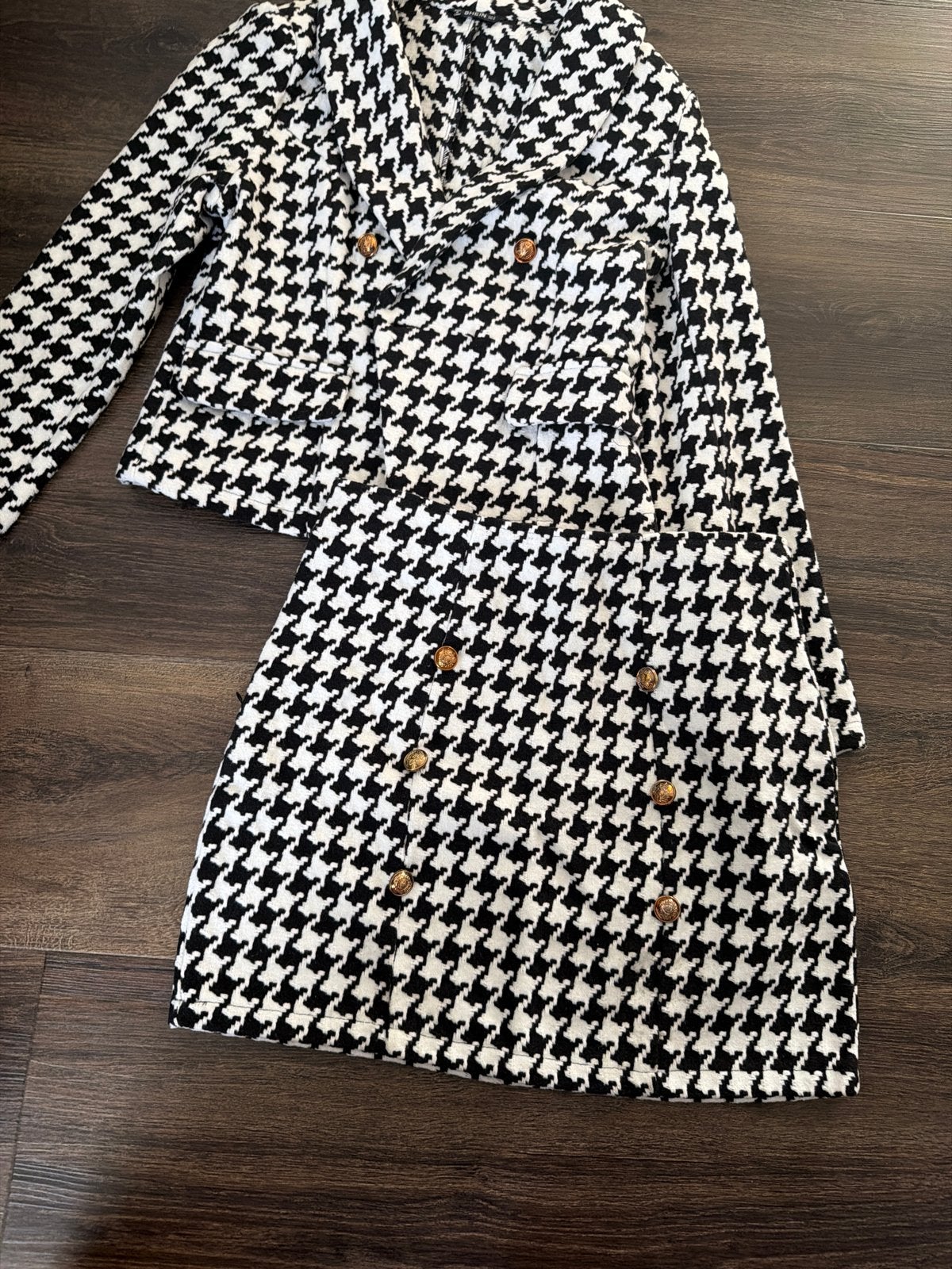 Zwart-wit pied-de-poule tweedelige set, Maat 38/40 (M), Verzenden, Zwart, Zo goed als nieuw
