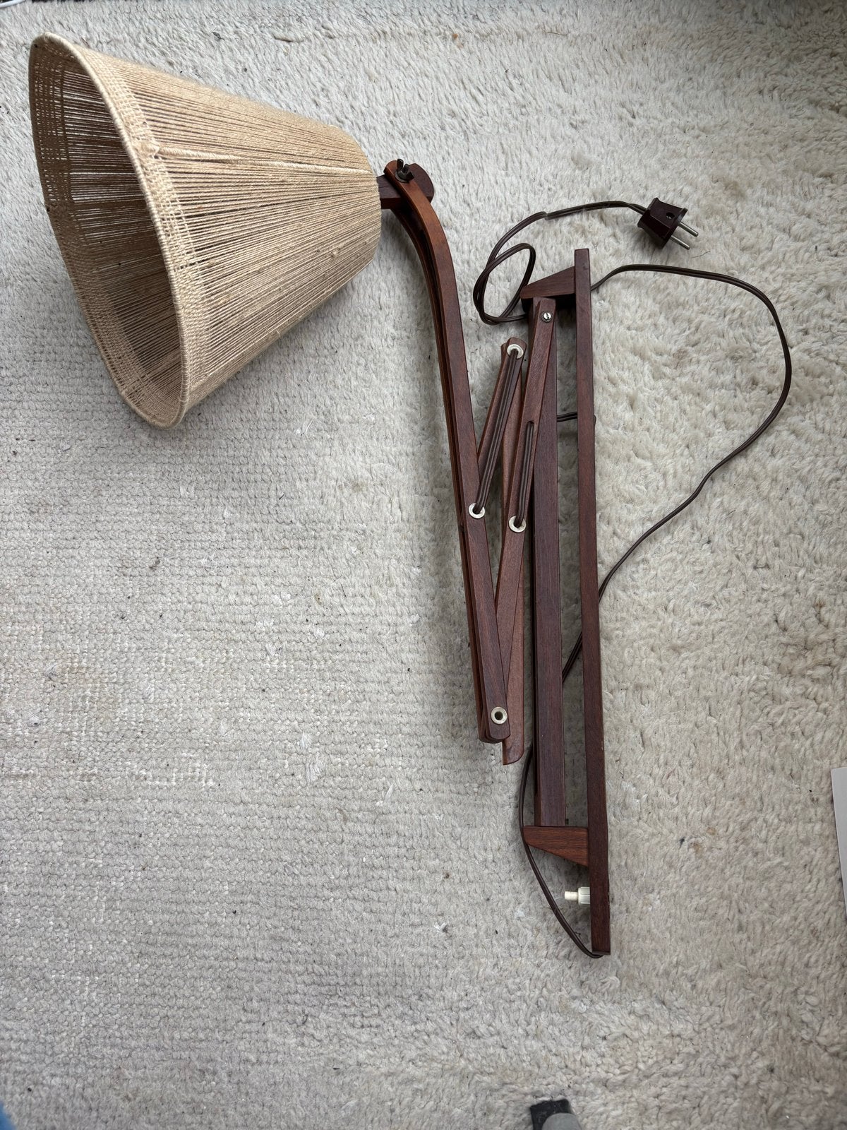Vintage houten wandlamp met stoffen kap, Ophalen, Gebruikt, Bruin, Verstelbaar