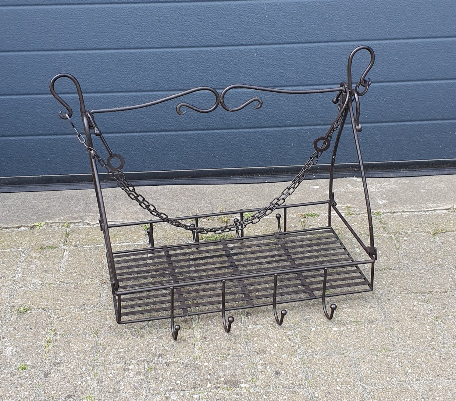 Decoratief smeedijzeren wandrek met haken, Ophalen, Metaal, Industrieel, Gebruikt