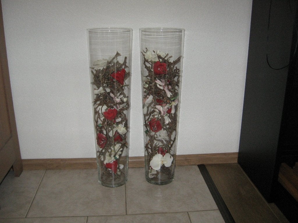2 hoge vazen + appeltakjes en bloemen samen €15,00, Ophalen, Zo goed als nieuw, Glas