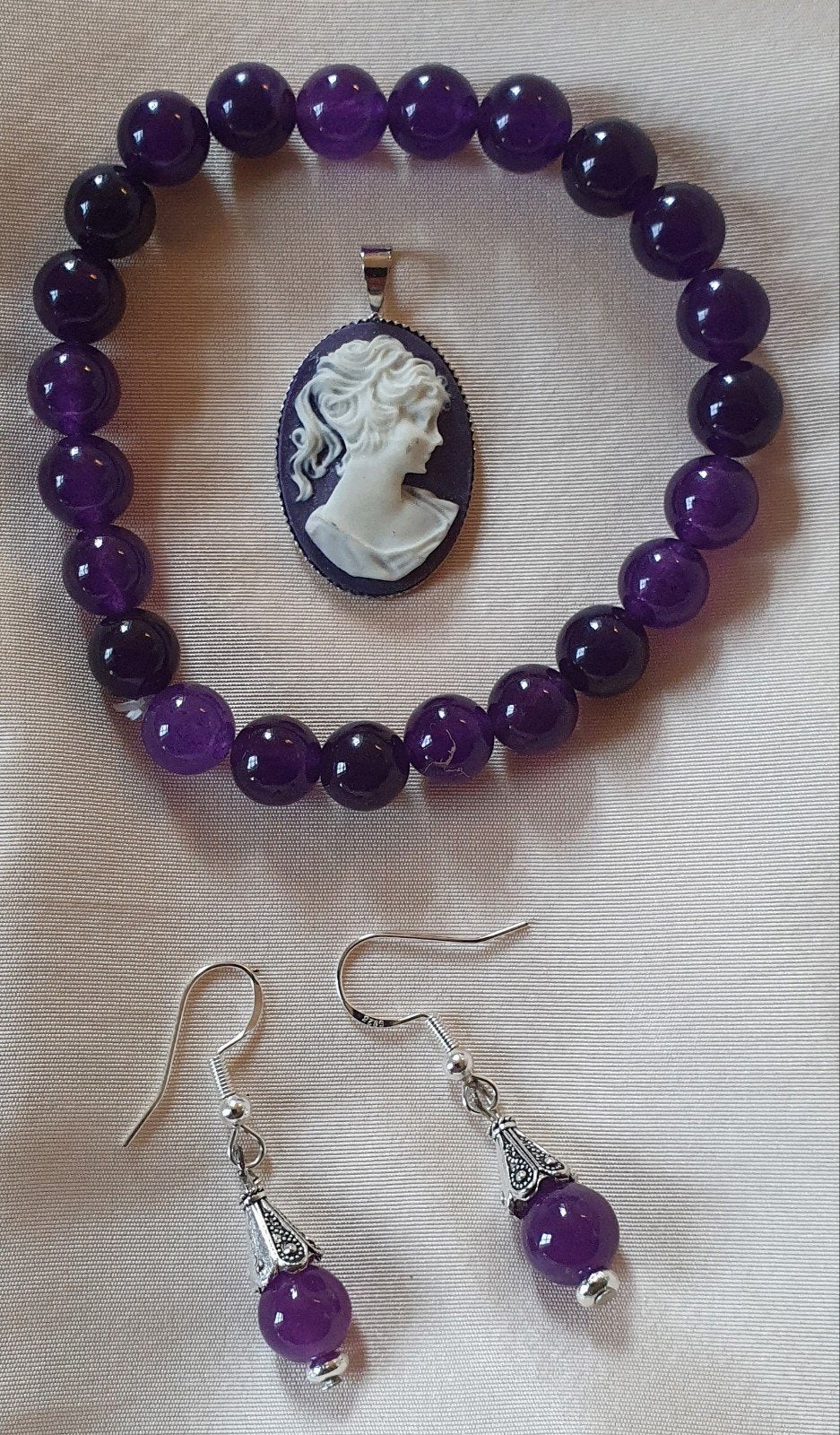 Natuursteen amethist armband met oorbellen, Ophalen of Verzenden, Nieuw, Paars, Zilver