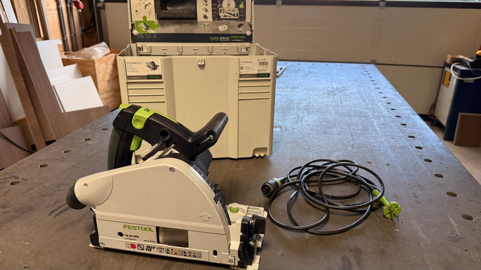Festool TS 55 EBQ invalzaag met systainer en zaagblad, Gebruikt, Invalzaag, 600 tot 1200 watt, Ophalen of Verzenden