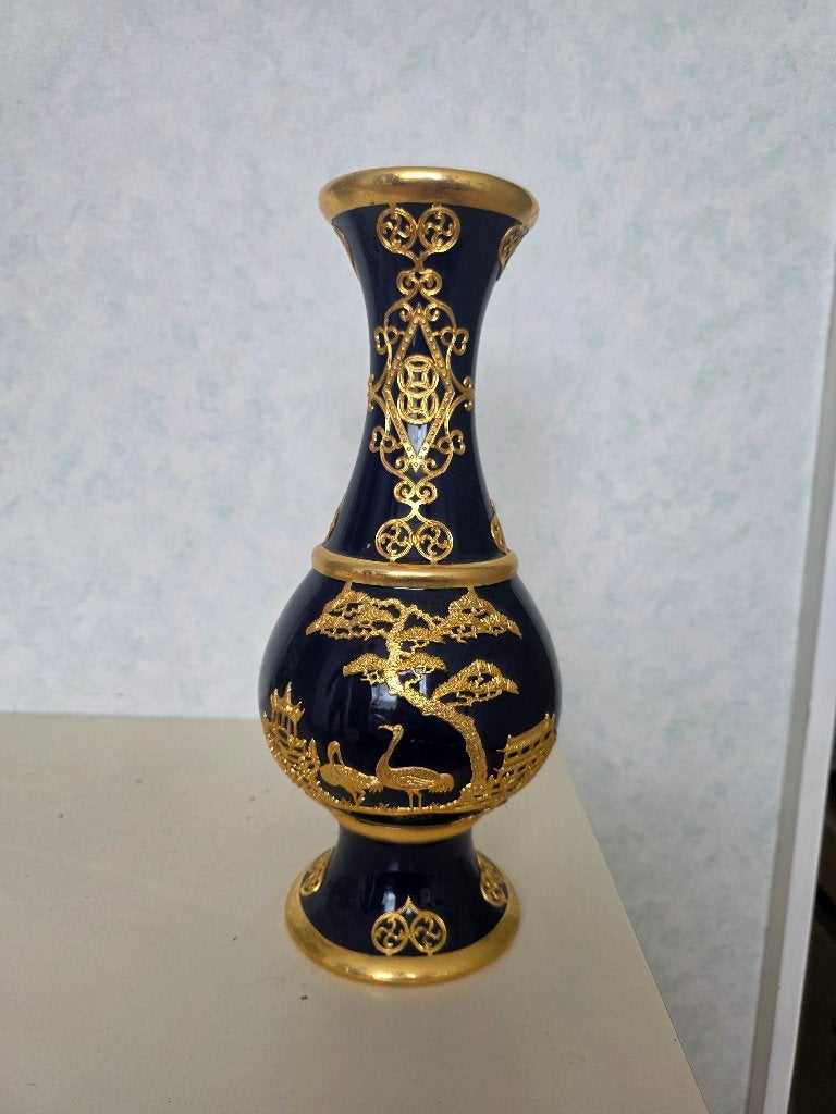 Decoratieve blauw-gouden vaas - 32 cm hoog, Ophalen