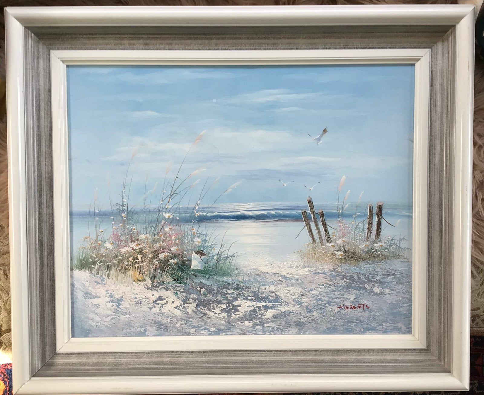 Schilderij van Hebert: Strandgezicht met golven en vogels, Ophalen, Maritiem / water, Doek, Realistisch