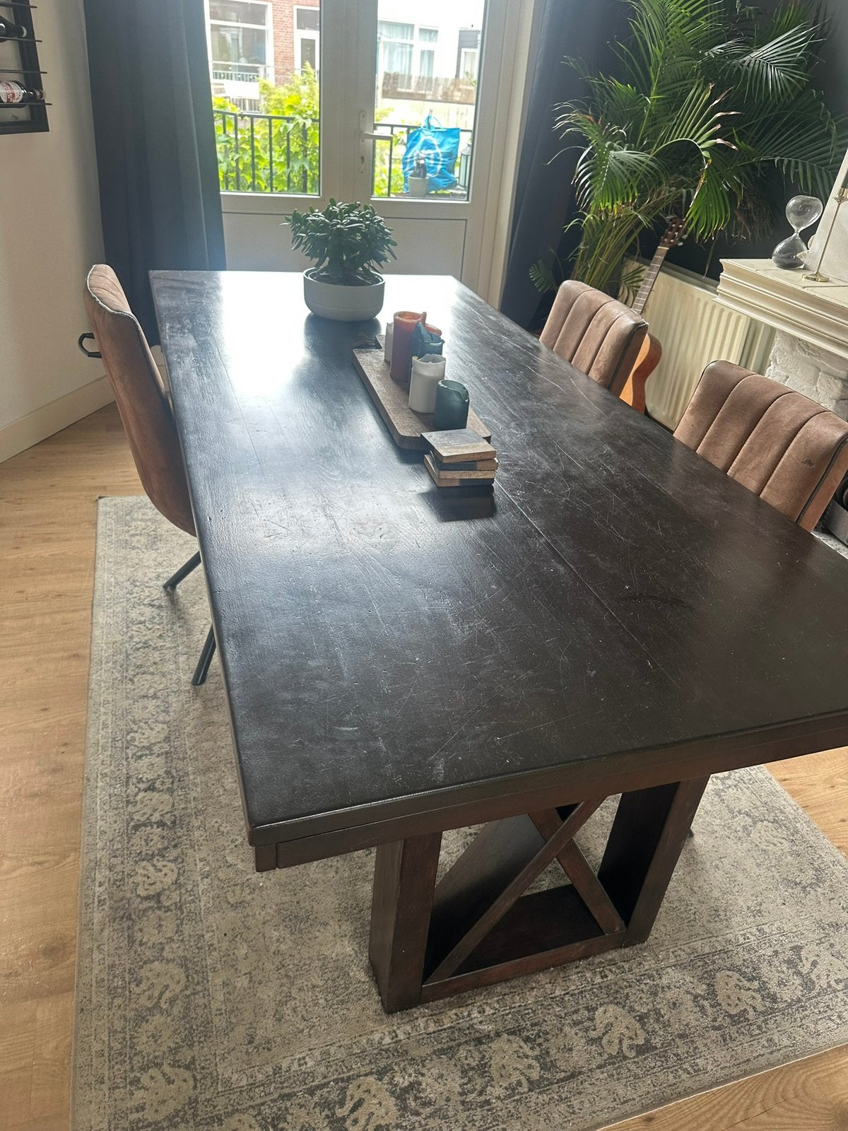 Massief houten eettafel 220 x 100 cm, Ophalen, Gebruikt, 200 cm of meer, 50 tot 100 cm