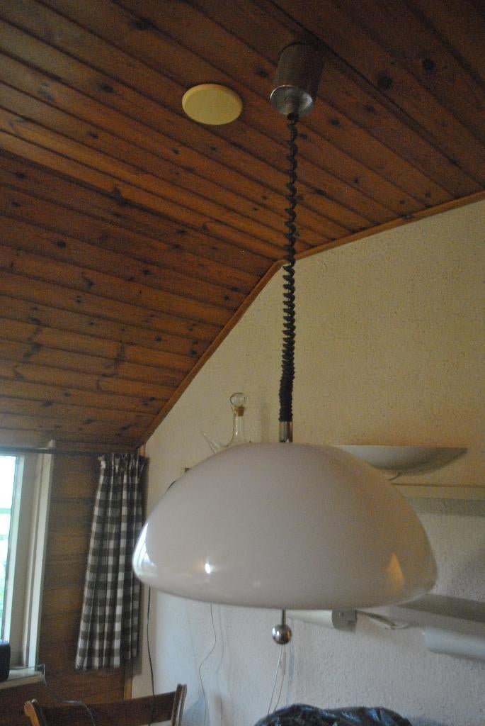 Hanglamp, vintage, in hoogte verstelbaar, wit, chroom, Ophalen of Verzenden, Huis en Inrichting