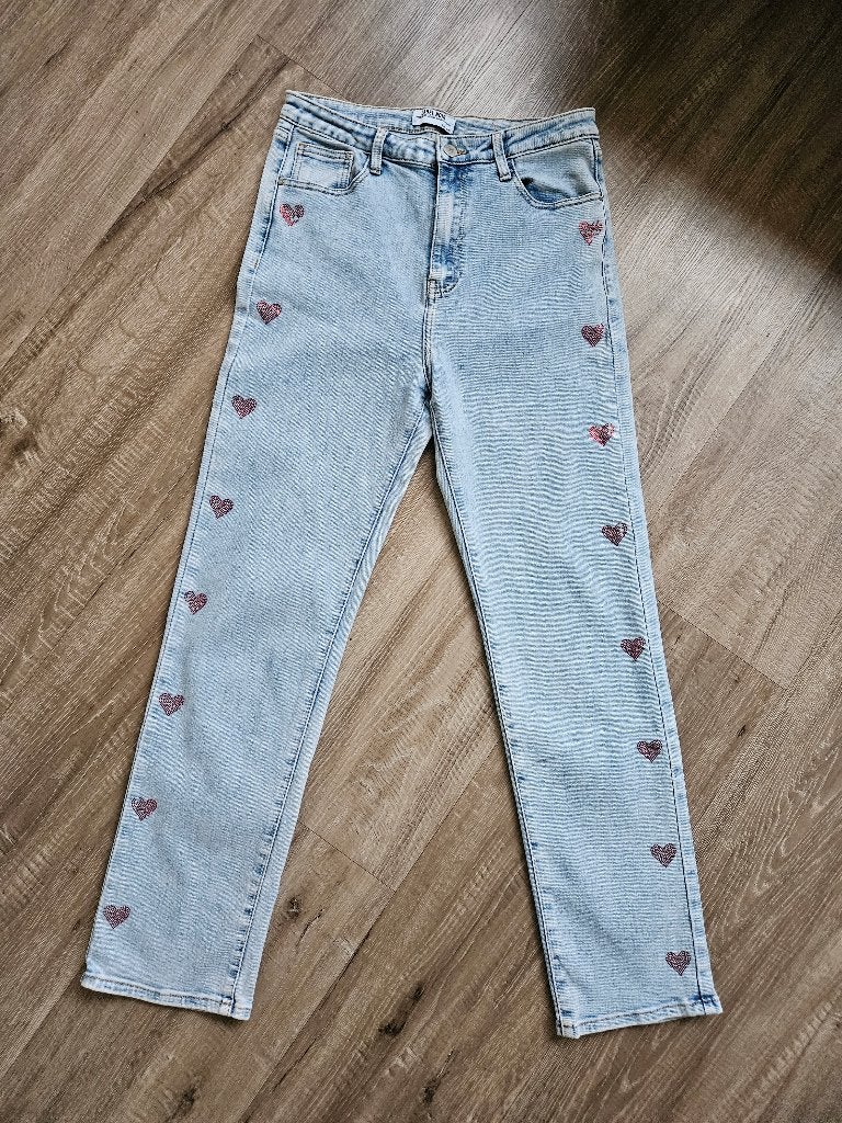 Spijkerbroek jeans blauw met hartjes Label Noir 42 XL zgan, Blauw, Ophalen of Verzenden, Zo goed als nieuw, Label noir