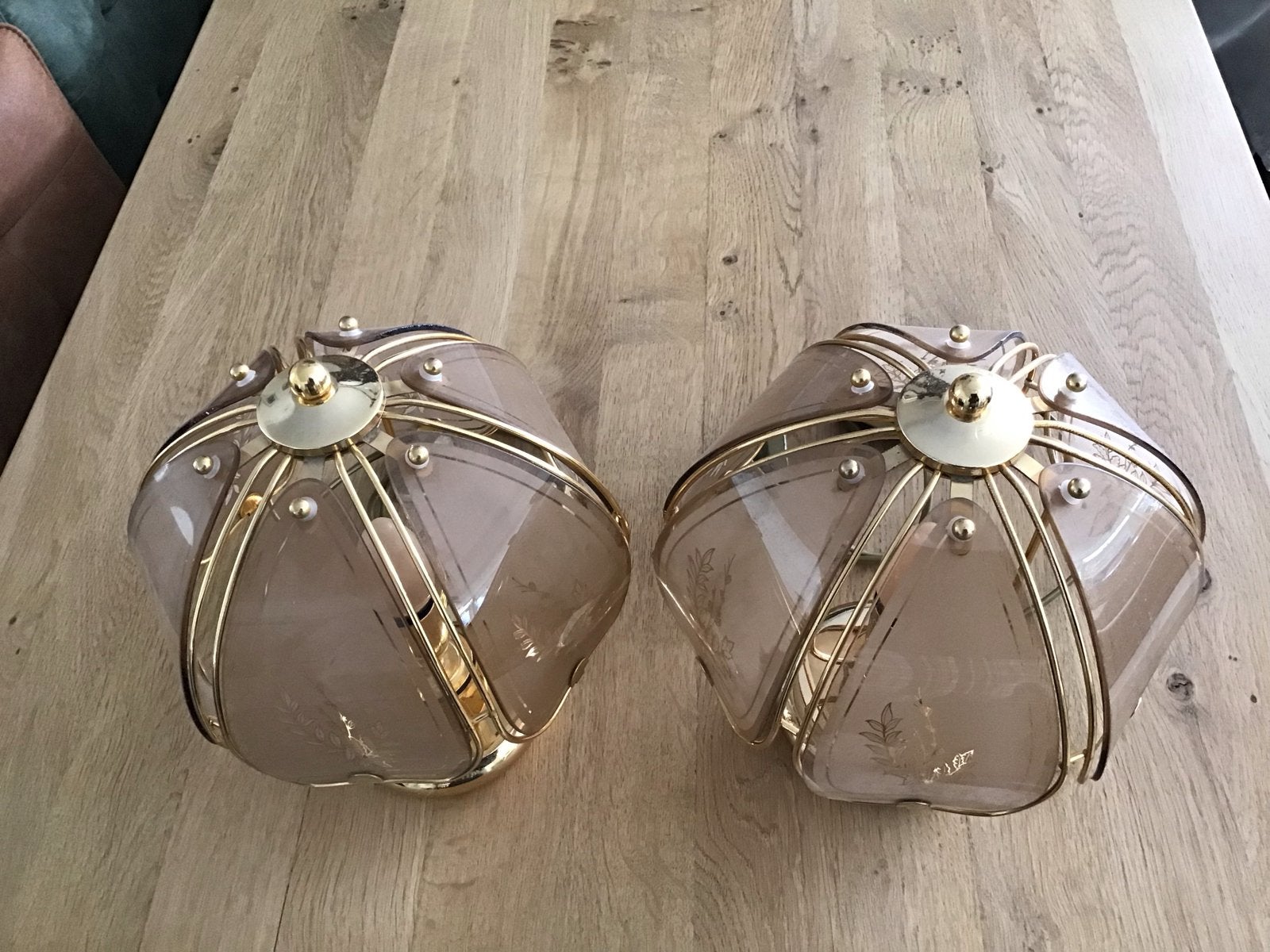 Set van 2 Vintage Tafellampen - Goudkleurig met Glas, Met schakelaar, Gebruikt, Ophalen of Verzenden, Glas