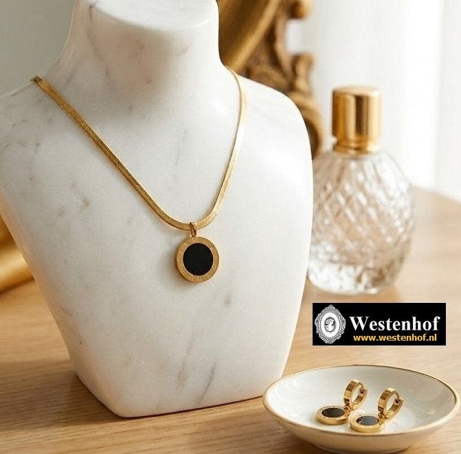 Sieraden set juwelen goud ketting + hanger zwart + oorbellen