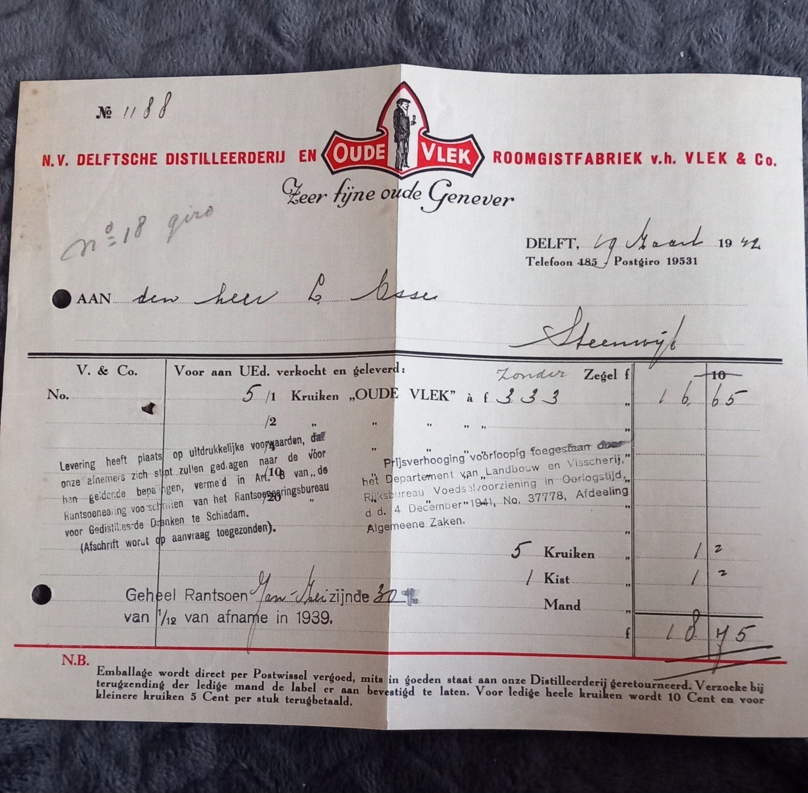 Unieke Oorlogsnota '42 Oude Vlek Genever Delft WO II, Ophalen of Verzenden, Gebruikt, Gebruiksvoorwerp