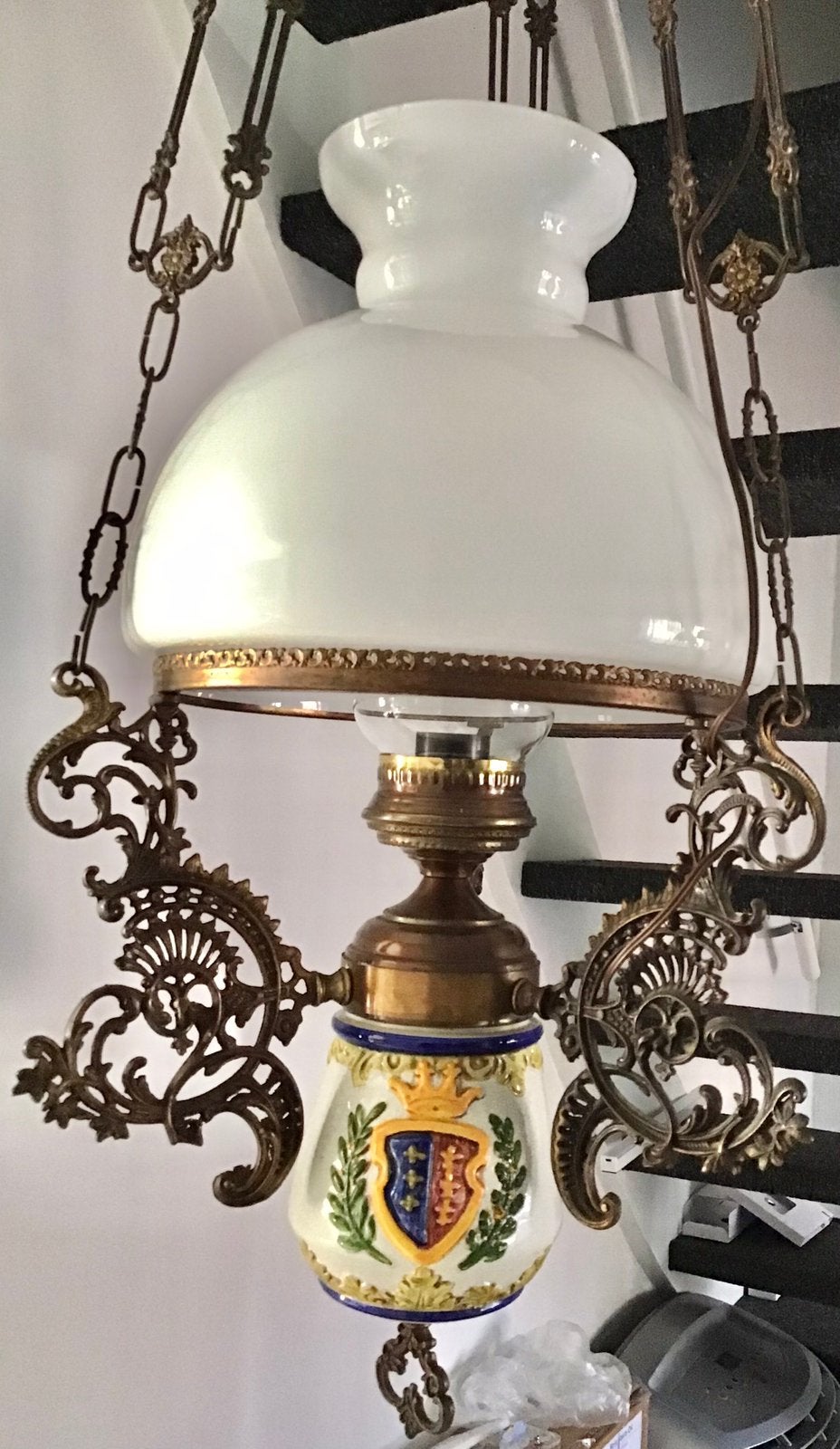 ANTIEKE HANGLAMP, Gebruikt, Vintage, Glas, E27 (groot)