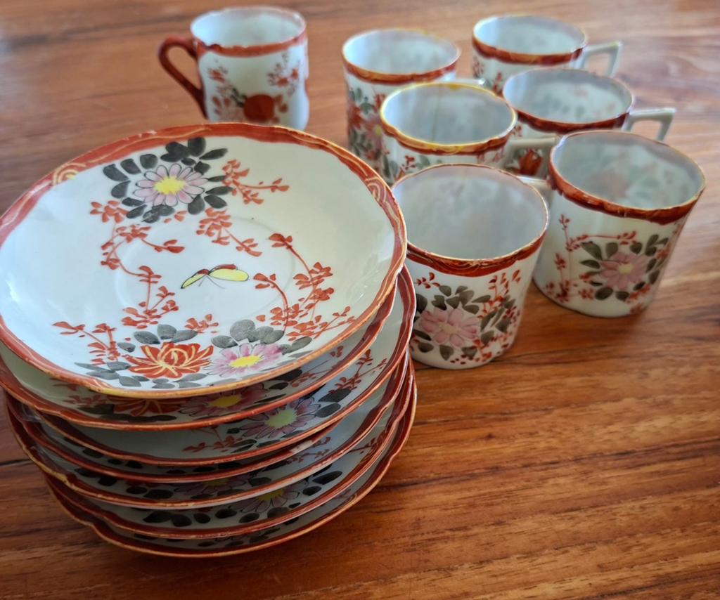 Antieke Japanse theeset - 7 kopjes en 7 schotels, Antiek en Kunst, Ophalen of Verzenden
