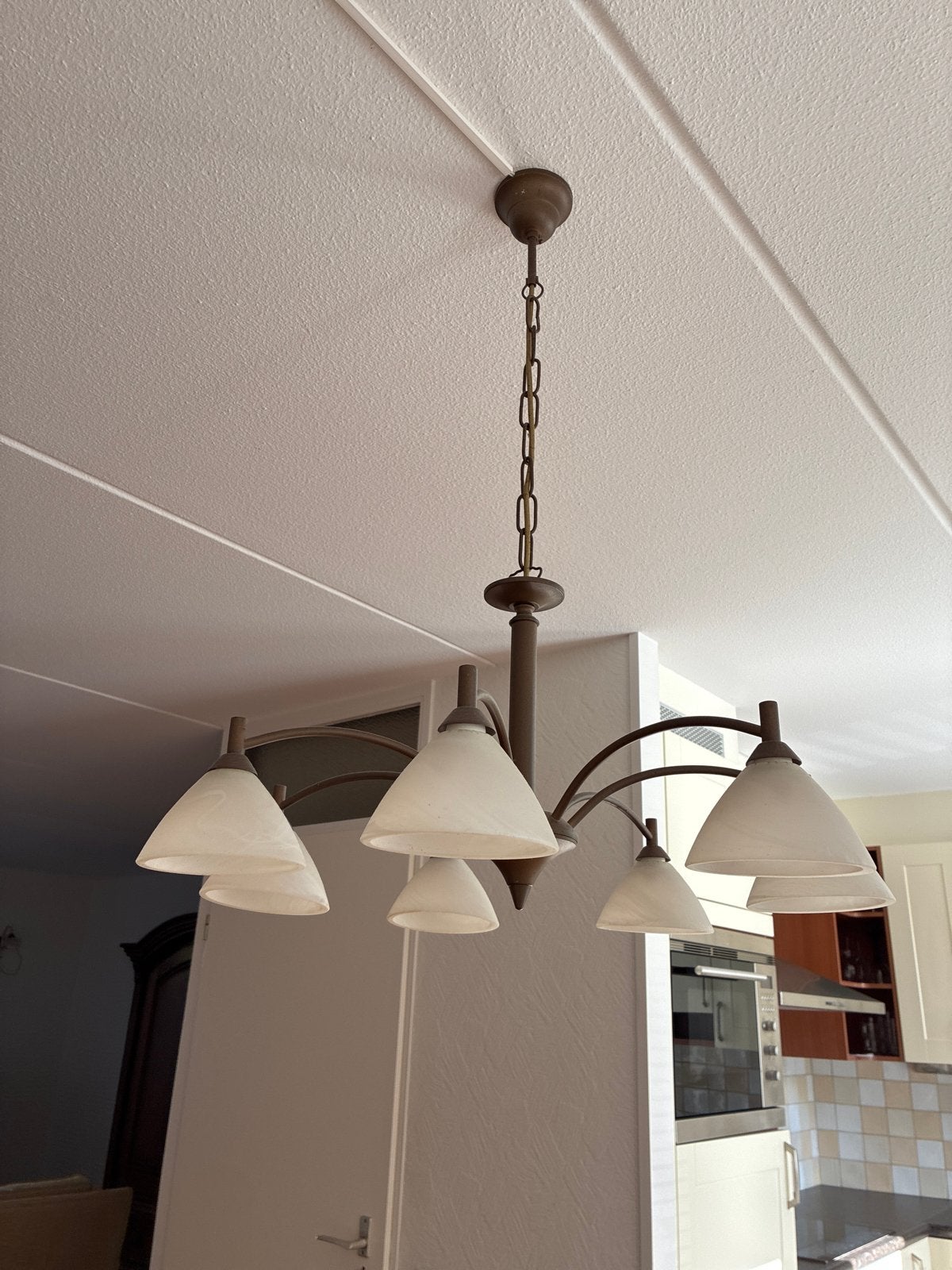 Klassieke hanglamp met 7 glazen kappen, Ophalen, Gebruikt, Klassiek, Metaal