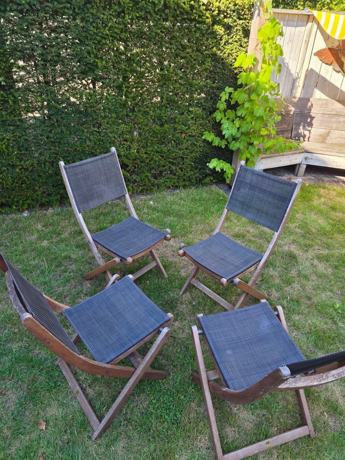 Houten tuinset met 4 stoelen en inklapbare tafel, Ophalen, 4 zitplaatsen, Gebruikt, Tuinset