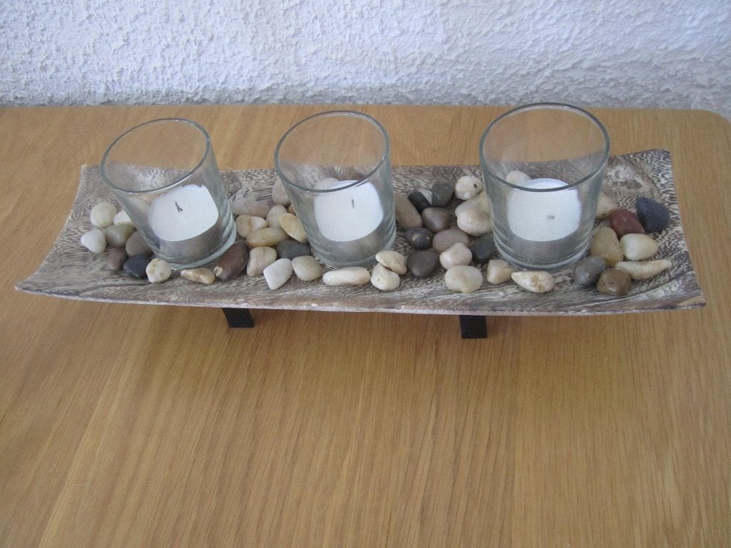 decoratieschaal met waxinelichthouders en sierstenen, Overige materialen, Op voet, Schaal, Nieuw