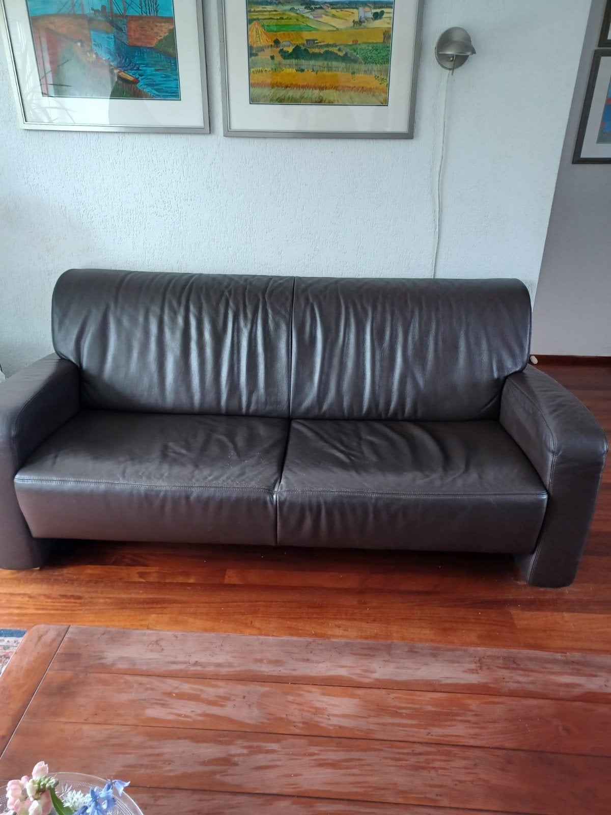 Gratis comfortabele donkerbruine leren 2 1/2 zitsbank, Huis en Inrichting, Banken | Bankstellen, Ophalen, Gebruikt, 150 tot 200 cm