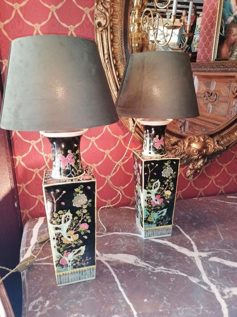 paar chinese famille noir poecelain lamps, Antiek en Kunst, Antiek | Porselein, Ophalen