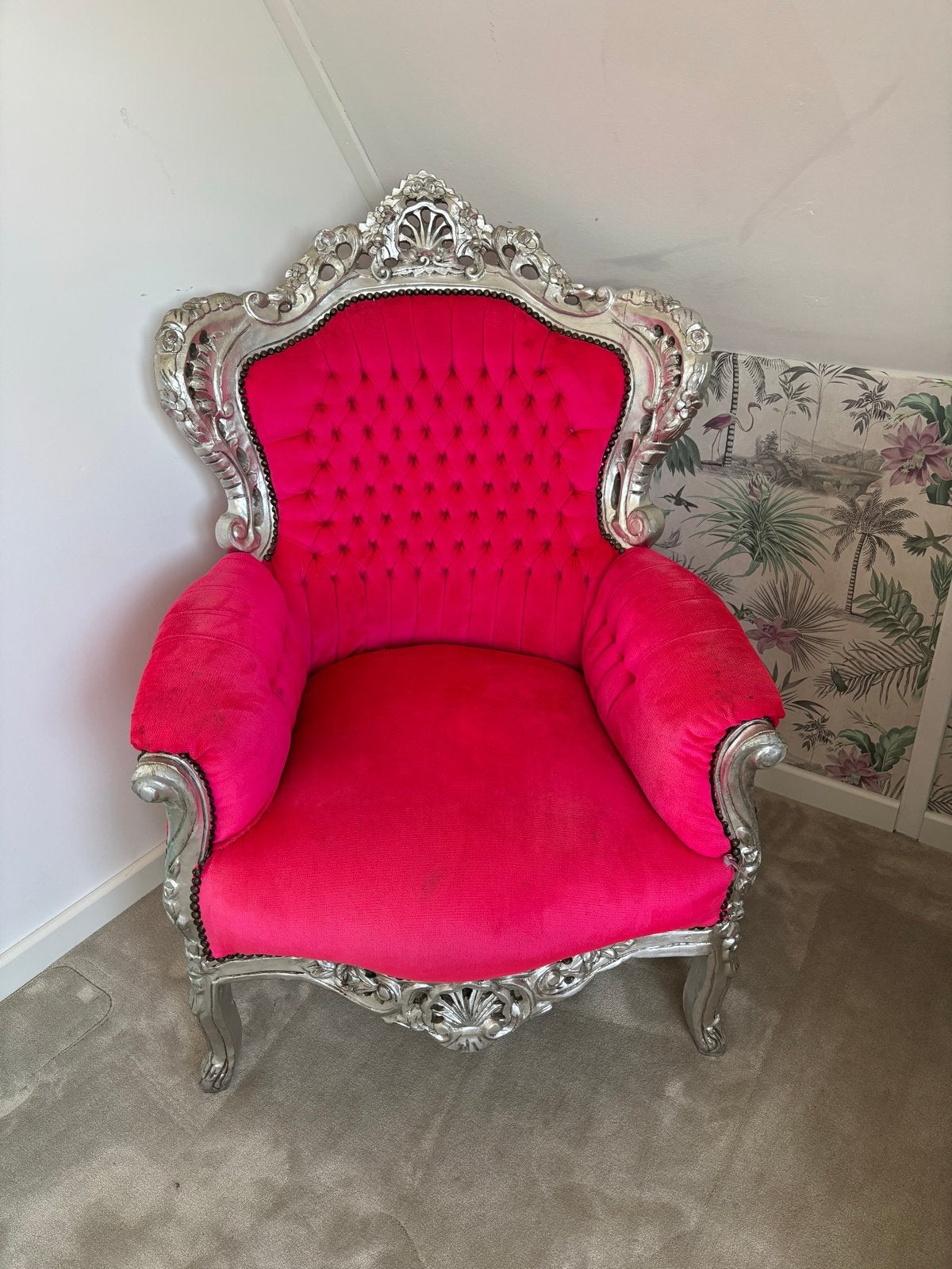 Barok Troonfauteuil - Zilver & Fuchsia Roze Eyecatcher, Ophalen of Verzenden, Gebruikt, Hout