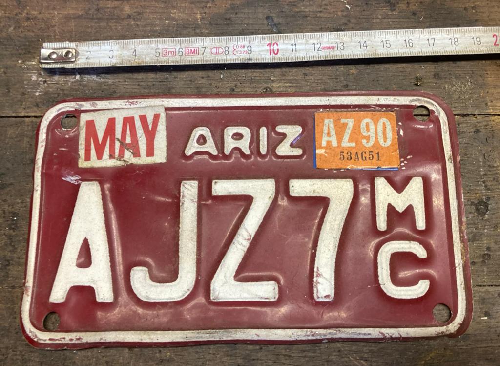 Vintage Arizona USA motor kentekenplaat - AJZ7MC, Verzamelen, Ophalen of Verzenden, Gebruikt, Motoren