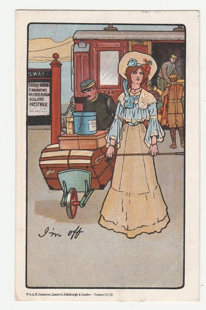 Dame met kruier op een perron.  Treinen.  Illustrateurs., Verzenden, Voor 1920, Gelopen, Overige thema's
