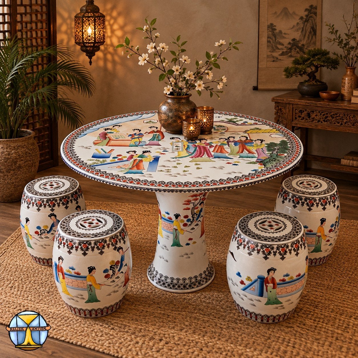 Vintage Chinese eettafel met 4 zitjes van keramiek (Oosters), ., Vintage  / chinees  / Aziatisch  / oosters  / bohemian, Ophalen of Verzenden