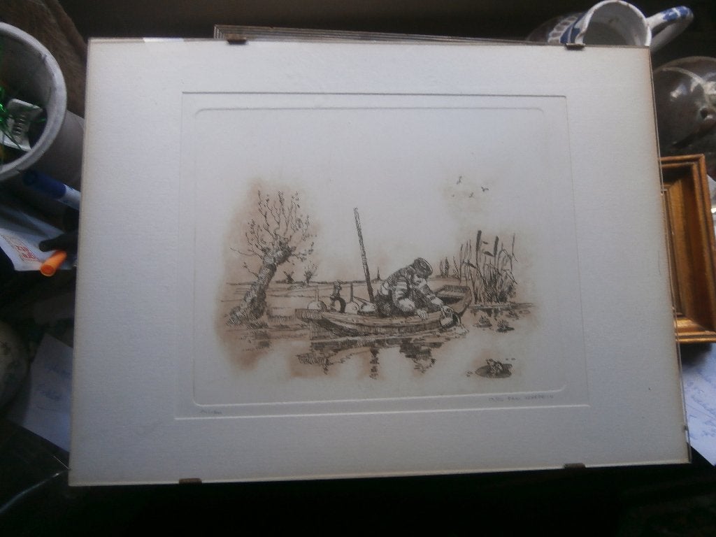 Paul Kerrebijn, Mooie ets, Man in Roeiboot, Antiek en Kunst, Ophalen, Ets