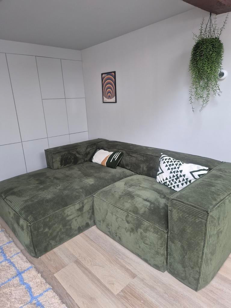 Zo goed als nieuwe groene ribstof hoekbank met chaise longue, Ophalen, Zo goed als nieuw, Stof