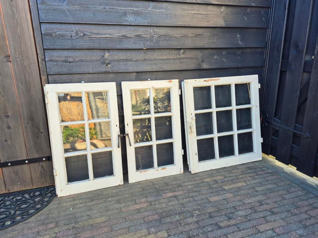 Set van 3 Vintage Houten Kozijnen met Glas, Ophalen, Gebruikt, Minder dan 75 cm, Raamkozijn