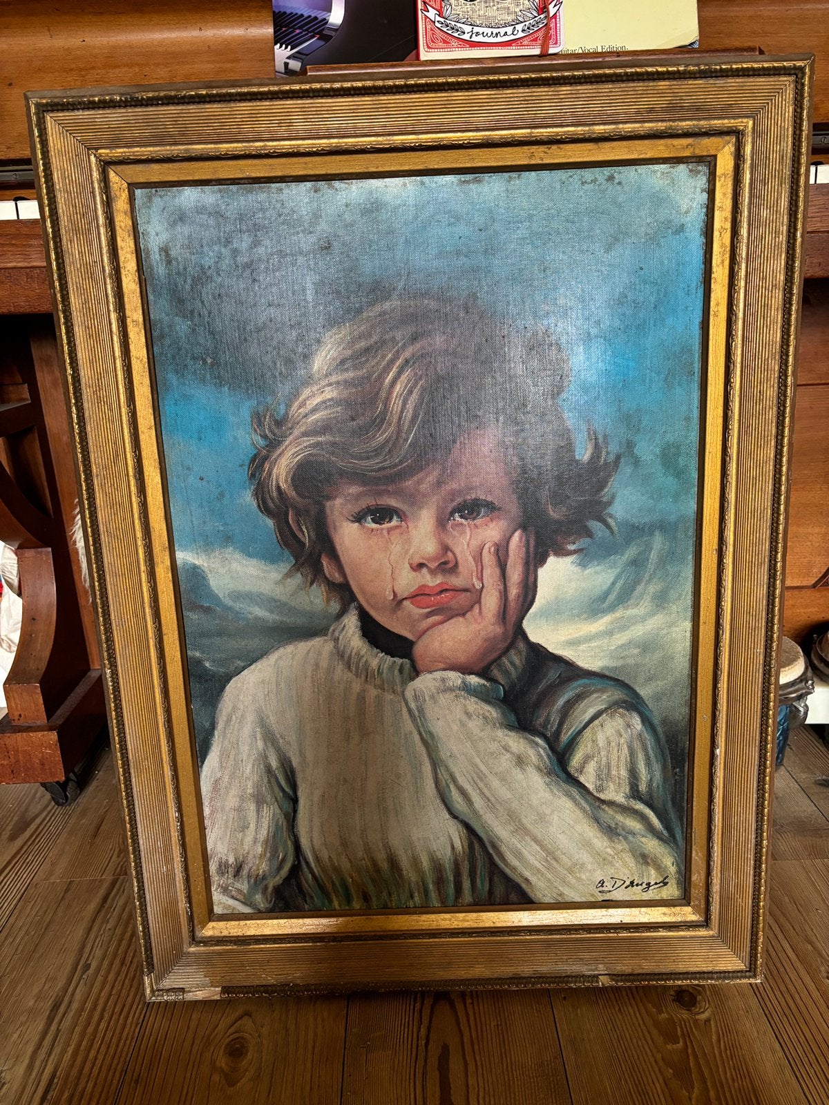 Groot vintage schilderij jongen met traan in gouden lijst —l, Ophalen, Vintage, Ingelijst, Portret of Personen