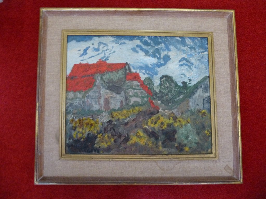Antiek schilderij "Boerderij met Zonnebloemen", Antiek en Kunst, Kunst | Schilderijen | Klassiek, Ophalen, Doek, Impressionistisch