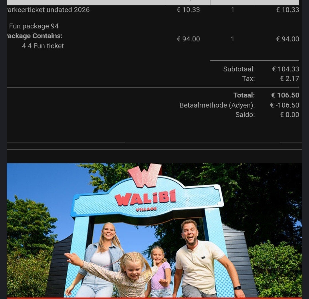 4 kaarten walibi + parkeerticket, Tickets en Kaartjes, Twee personen, Ticket of Toegangskaart