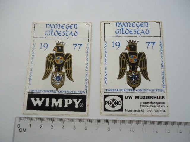 sticker 1977 Nijmegen gildestad Wimpy hamburger phono vinyl, Verzenden, Zo goed als nieuw