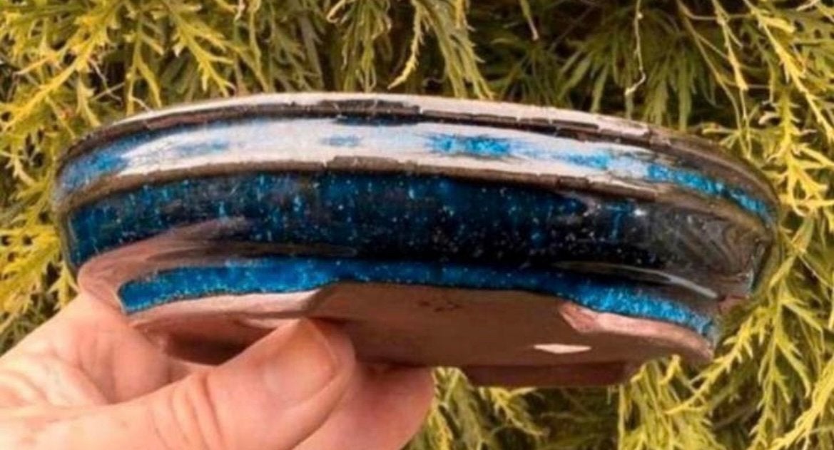 Bonsai schaal blauw tinten geglazuurd aardewerk 14,8x10,3x3, Ophalen of Verzenden, Zo goed als nieuw, Overige vormen, Aardewerk