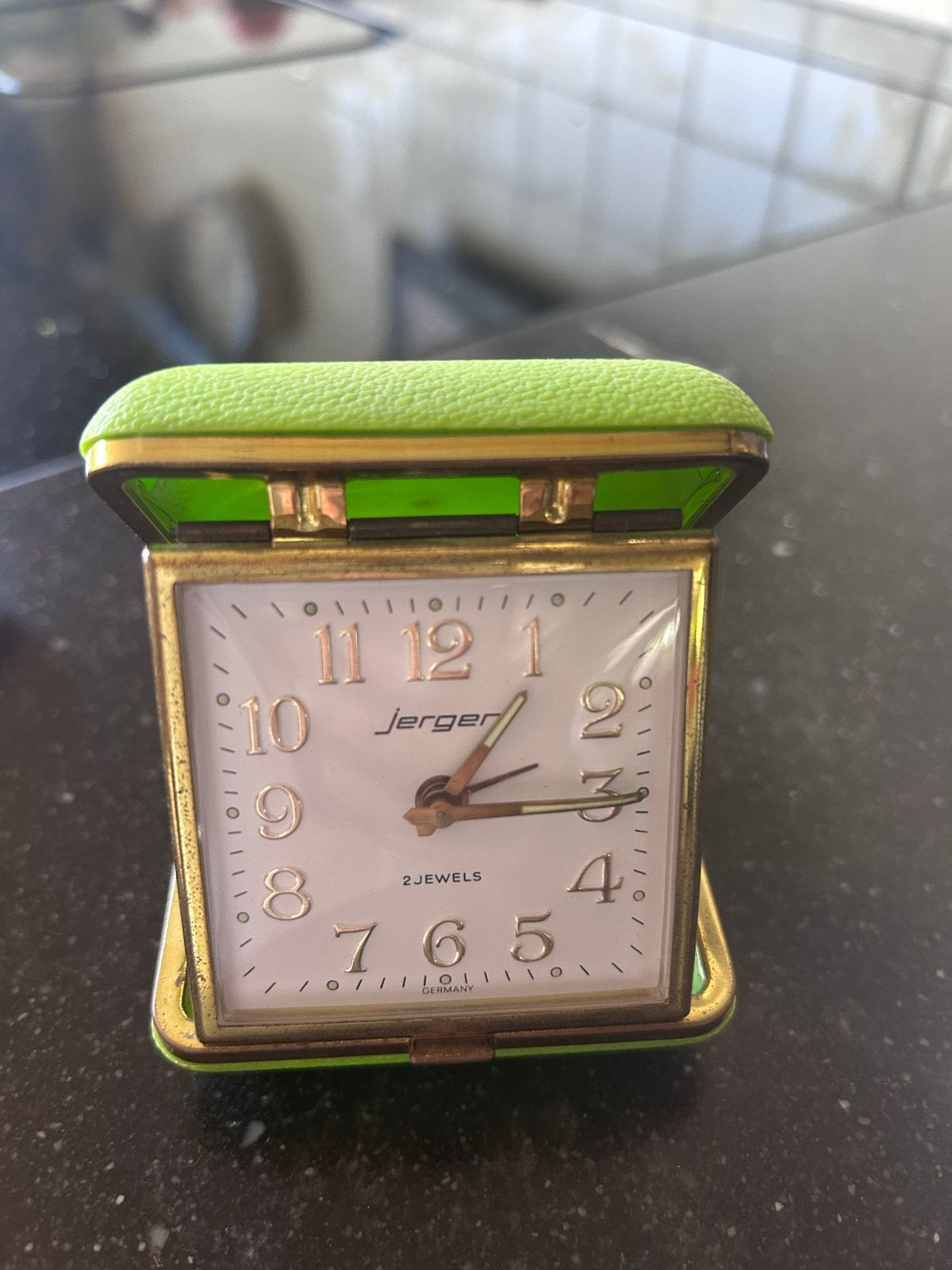 Vintage Jerger Reiswekker - Groen, 2 Jewels, Duitsland, Ophalen