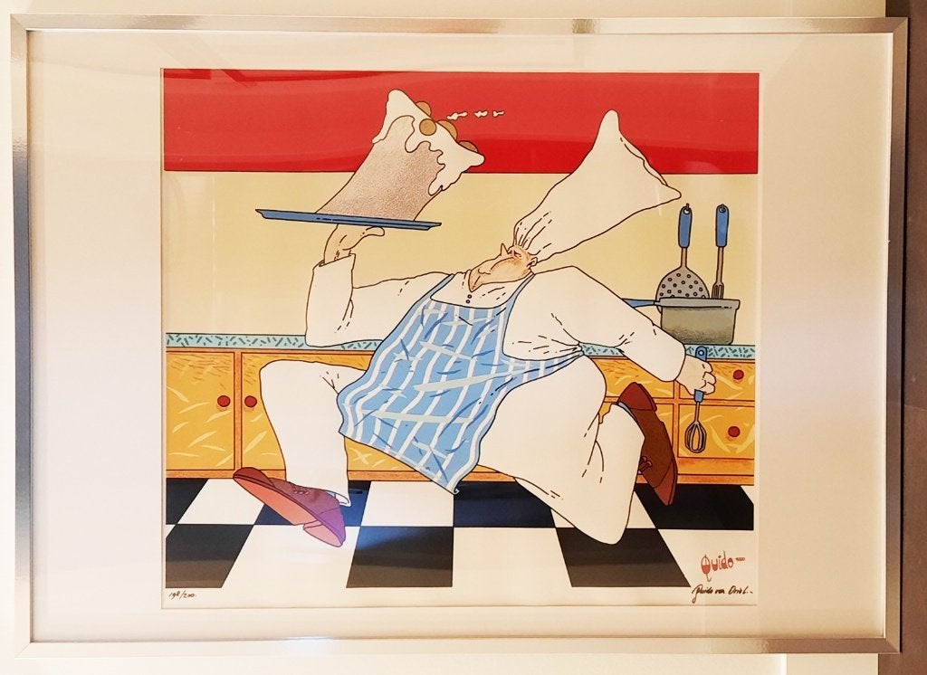 Kunstwerk Zeefdruk "Rennende kok" van Guido van Driel, Ophalen, 50 – 75, Overige typen, Zo goed als nieuw