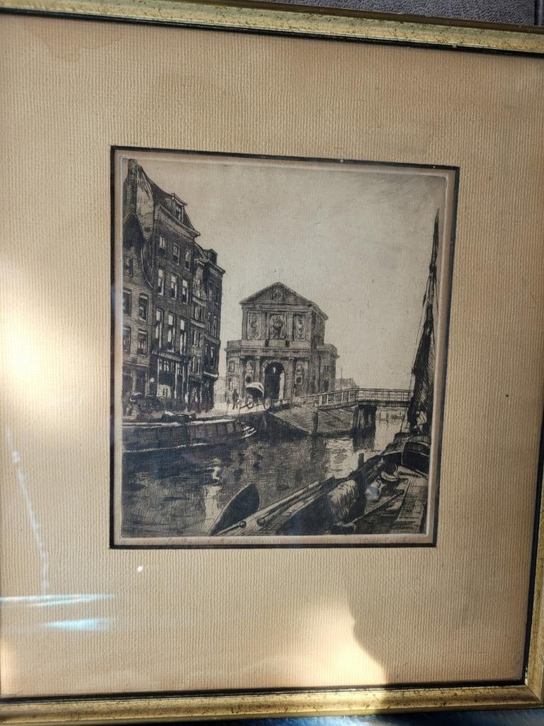 Antieke Ets: Stadsgezicht met Gracht en Gebouwen, Antiek en Kunst, Ophalen of Verzenden