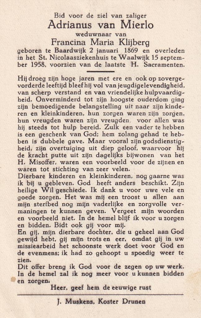 Mierlo Adrianus 1869 Baardwijk 1958 Waalwijk, Ophalen of Verzenden, Bidprentje
